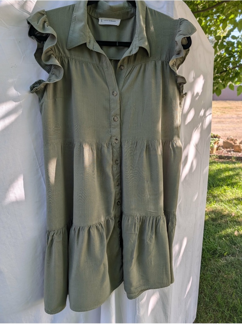 Lucky Brand Olive Green Ruffle Sleeve Midi Dress